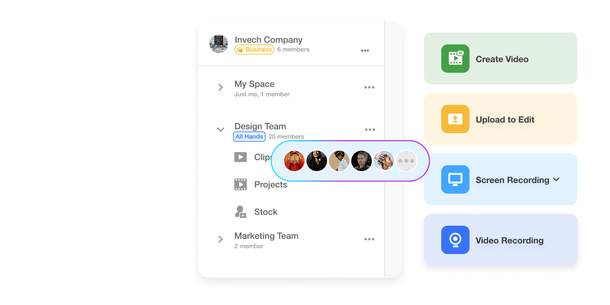 The image promotes the idea of collaborative video creation within a Teamspace environment. It states that videos created in a Teamspace are accessible to all Teamspace members, ensuring the team is always on the same page and can easily share created assets.